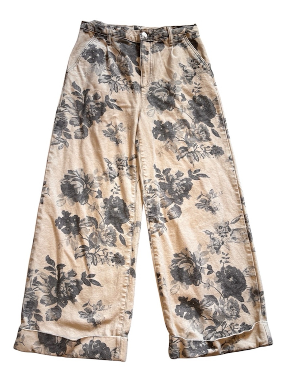 Pilcro Leon Double Hem High-Rise Wide-Leg Cuffed Jeans Floral Size 27 28”